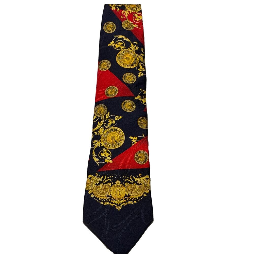 Vintage Don Loper Beverly Hills Tie 100% Italian Silk USA Baroque Clock Red